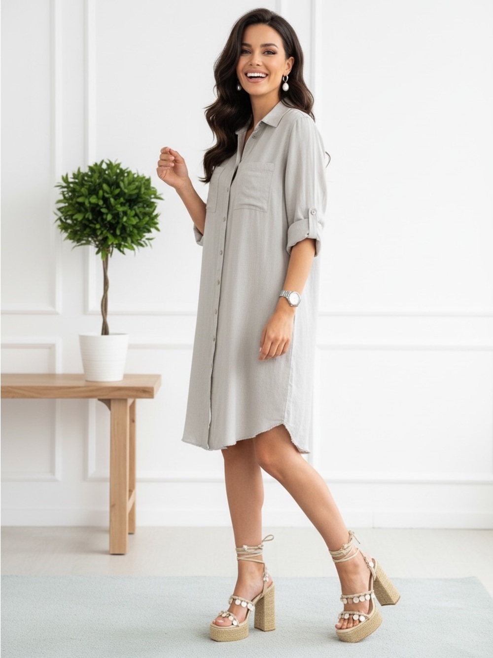 Light Gray Button-Front Mini Shirt Dress - Picture 2 of 11